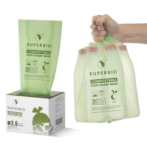 SUPERBIO 2.6 Gallon Compostable Food Waste Bags, 100 Count, 1 Pack, Flat Top Food Scrap Bags， ASTM D6400，Certified by BPI and OK compost INDUSTRIAL,9.84L - color: 2.6 Gallon Flat Top, 100 Count