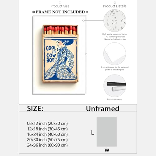 Retro Trendy Wall Art Indigo Blue White Cool It Cowboy Matchbook Poster Canvas Printing Chinoiserie Western Decor Coastal Cowgirl Millennial Dorm Apart Ment Decor 8x12inch Unframed - color: style-1-Unframed, size: 8"L x 12"W