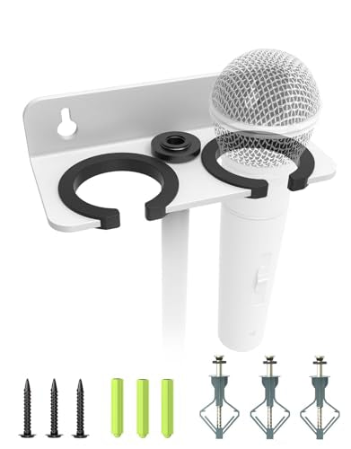2-Slot White Multi Microphone Holder for Handheld Dynamic, Wired and Wireless Mics Storage Hanger, Double Microphone Stand, Rubber Padding/Wall Mounted or Mounted to 5/8"-27 or 3/8"-16 threaded Stand - size: White Mic Holder