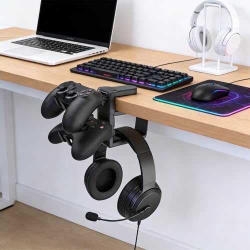 Controller Holder & Headphone Hook, Black | 3-in-1 Rotatable Under Desk Hook, Compatible with PS5/Xbox, Dual Game Controller Stand, Headset Hanger, Gaming Desk Organizer