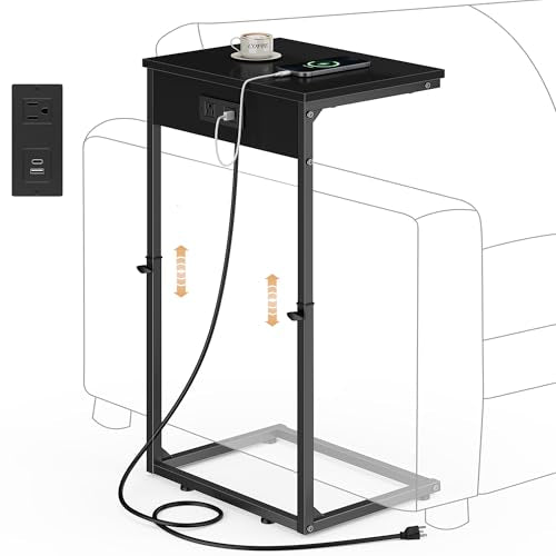 Vagusicc C Shaped End Table with Charging Station, Adjustable Height Side Table for Couch,Small Side Table Small Spaces, 33.2'' Tall Couch Tables that Slide Under, Tv Tray Table for Living Room, Black - color: Black (1 Pack), style: With Plug