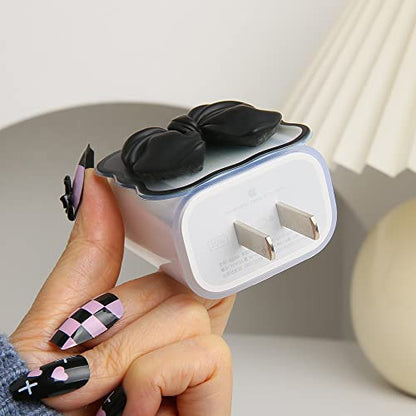 Compatible with iPhone 18W/20W USB-C Charger Cover Cute 3D Bow Tie Design Clear Soft Charger Protector Kawaii Cable Saver for iPhone 11 12 13 14 Pro Max Fast Power Adapter, Black 2 (5in1) - color: Black 2 (5 in 1)
