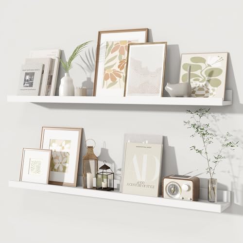 Fun Memories Picture Ledge Shelves Set of 2, 36 Inch Rustic Wall Mounted Floating Shelves with Lip for Home Storage and Décor in Bathroom, Kitchen, Nursery, Bedroom, Living Room, White - color: White, size: 36 inch, Set of 2