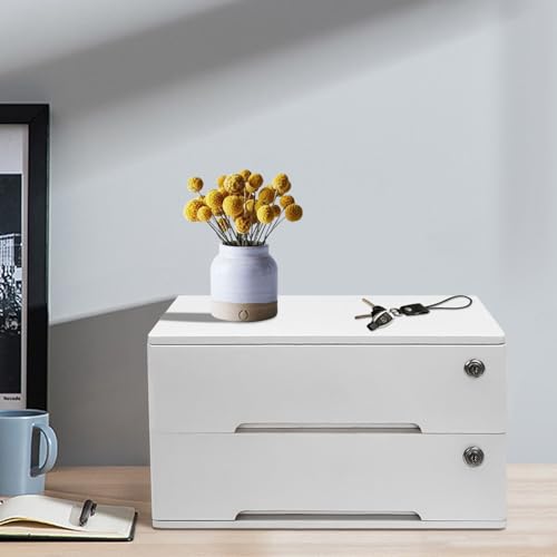 Wooden Desk Organizer with Drawers & Lock, Desktop Countertop Storage Cabinet Lockable Home Office Supplies File Tabletop Organizing Unit (2 Drawer - Modern White) - style: 2 Drawer - Modern White