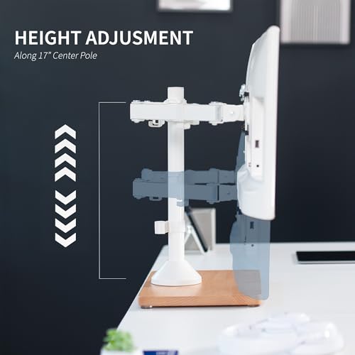 VIVO Freestanding Dual Monitor Stand with Solid Wood Base and Adjustable Arms, Mounts 2 Screens up to 32 inch and 22 lbs Each, White, STAND-V002FD-W - color: White/Wood, size: 13" to 32" Screens
