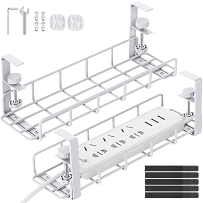 Under Desk Cable Management Tray, 31.5'' No Drill Heavy Duty Steel Cable Tray Organizers, Wire Management Tray Cable Rack with Clamp Mount, Adjustable Metal Under Desk Tray (White, 2 Pack) - color: White, size: 2 Pack
