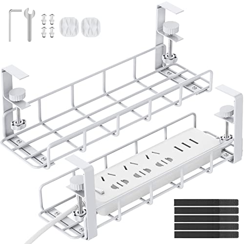 Under Desk Cable Management Tray, 31.5'' No Drill Heavy Duty Steel Cable Tray Organizers, Wire Management Tray Cable Rack with Clamp Mount, Adjustable Metal Under Desk Tray (White, 2 Pack) - color: White, size: 2 Pack
