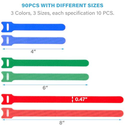 90PCS Reusable Cable Ties - 4+6+8 Inch, Heavy Duty Hook & Loop Straps in Red Green Blue, Adjustable & Multi-Purpose Fastening, Color-Coded Wire Ties for Home Office, Garage & Cable Management - color: Blue+red+green 4+6+8 In-90 Pcs