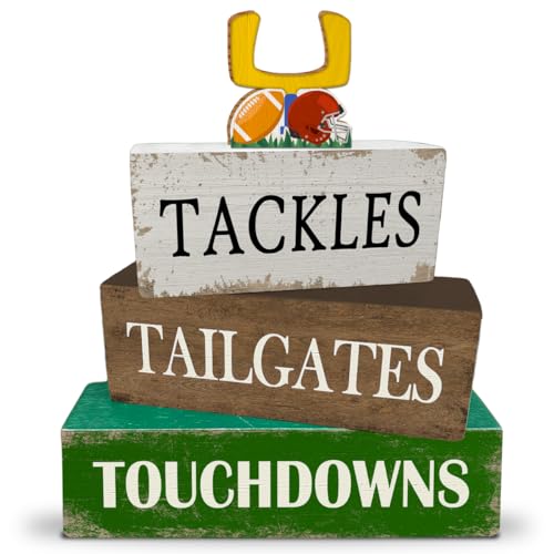 4 Pcs Football Table Decorations Wooden Football Tiered Tray Decor Sport Game Centerpiece Block Sign for Tailgate Birthday Party Tabletop Desk Shelf Mantel Fireplace Home Decor - color: Football Tackles