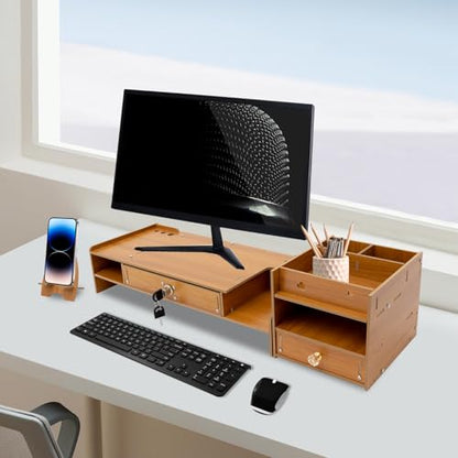 Computer Monitor Stand, Computer Rack with Drawers, Two top Platforms Desk Organizer Monitor Stand with Extra Large Storage Desktop Computer Stand for PC, Laptop, Printer, Screen, TV (04) - size: 04