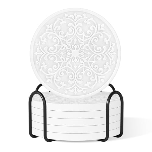 Drink Coasters, Coasters Set of 6 for Cup with Holder, Non-Slip Silicone Cup Mats for Hot and Cold Drinks, Cute Absorbent Coffee Bar Accessories Table Decor, White - color: White