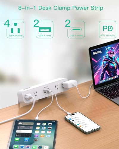 65W USB C Desk Clamp Power Strip, 8-in-1 Desktop Mount Surge Protector with 4 AC Outlets 2 USB-C & 2 USB-A Ports, PD 65W Fast Charging Station, 5Ft Extension Cord, Desk Edge Mount for Home Office - color: White, size: PD65W