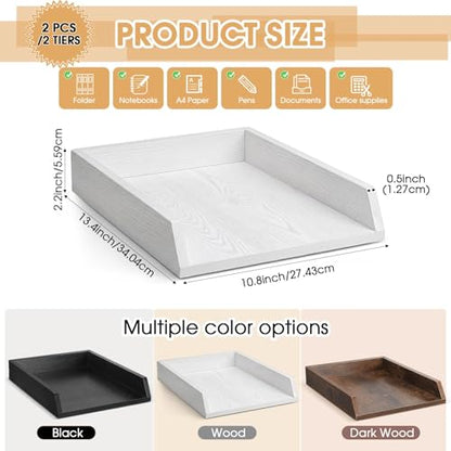 DoubleFill 2 Pcs Wooden Letter Trays 2 Tier Desktop Paper Organizer Wood Letter-Size Desk Document Tray Heavy Duty Stackable Paper Drawer Holder File Folder Back to School Office Home (White) - color: White