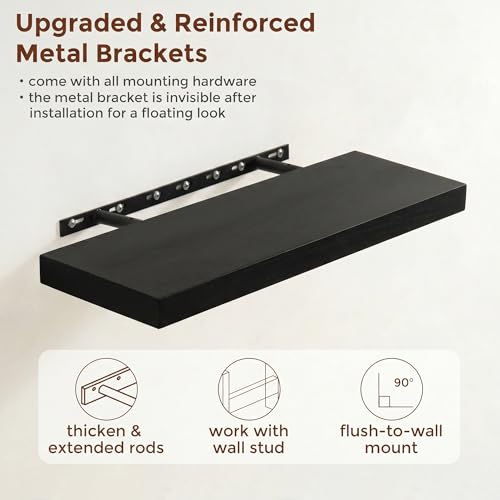 fuqing 24" x 6.7" x 1.4" Black Floating Shelves Set of 2, Rustic Black Wood Shelves for Living Room Bathroom, Hardware Included, 40 Lbs, Invisible Brackets - color: Black, size: 24 Inch-UP