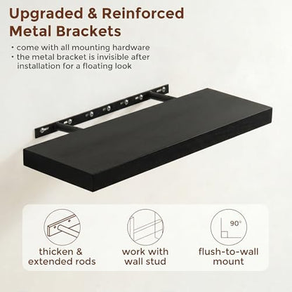 fuqing 24" x 6.7" x 1.4" Black Floating Shelves Set of 2, Rustic Black Wood Shelves for Living Room Bathroom, Hardware Included, 40 Lbs, Invisible Brackets - color: Black, size: 24 Inch-UP