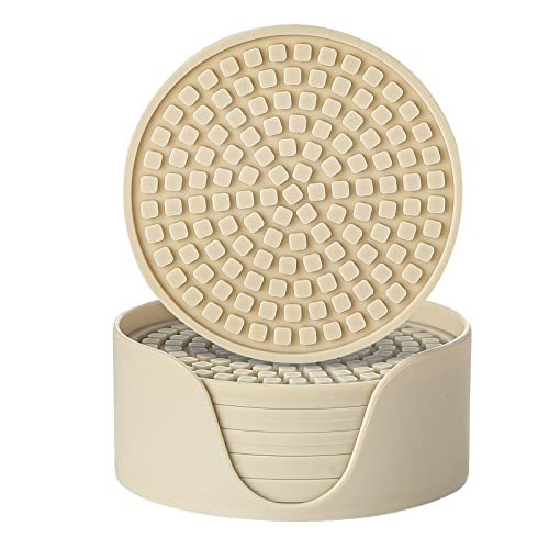 Colinda Silicone Drink Coasters with Holder, Set of 6, for Tabletop Protection and Office Desk, Cup Mat Set for Home Decor, Non-Slip and Non-Stick,Round, 4 Inch,Beige - color: Beige