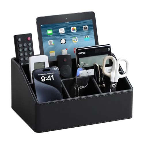 PU Leather Desk Organizer, Luxury Remote Control Holder for Home, Office Desk Accessories Table Caddy Bedside Nightstand Organizer (Black) - color: Black