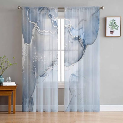 PIEPLE Blue Marble Sheer Curtains 63 Inch Length 2 Panels Set for Living Room/Bedroom, Blue Grey Stripes Marble Texture Nature Tone Semi Curtain Sheers Drapes Rod Pocket Curtains Window Treatment Set - color: Marble, size: 52"W x 63"L (Pack of 2)