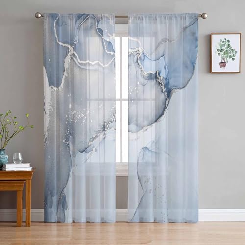 Blue Marble Sheer Curtains 84 Inch Length 2 Panels Set for Living Room/Bedroom, Blue Grey Stripes Marble Texture Nature Tone Semi Curtain Sheers Drapes Rod Pocket Curtains Window Treatment Set - color: Marble, size: 52"W x 84"L (Pack of 2)