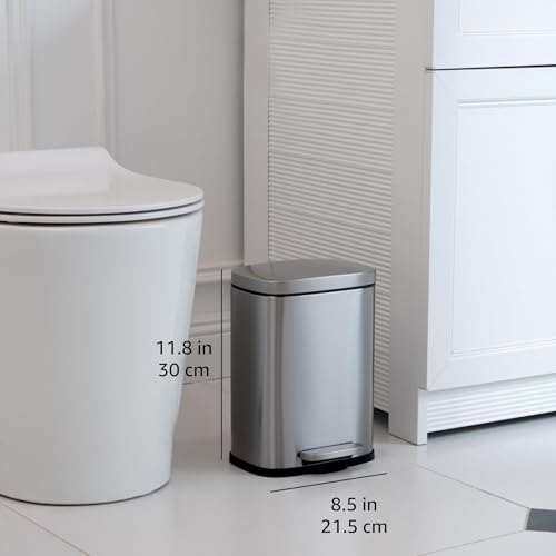 Amazon Basics MINI Trash Can, 1.32 Gallon (5L) Smudge Resistant Rectangular Bin with Soft-Close Lid, Step Foot Pedal, Removable Inner Bucket, Brushed Stainless Steel, for Bathroom, Satin Nickel Finish - size: Mini, 5L/1.32 Gal