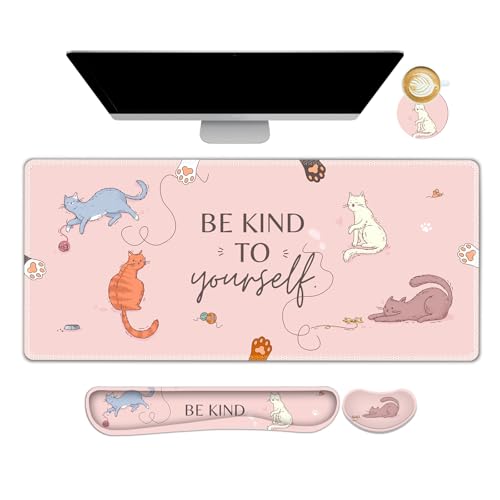 Large Gaming Mouse Pad Set, Pink Cats Ergonomics Keyboard Desk Mat with Memory Foam Wrist Rest, Extended Game Mousepad, Non-Slip Desk Pad Matt Easy Typing Pain Relief I Be Kind to Yourself - color: Be Kind to Yourself
