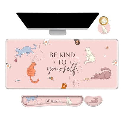 Large Gaming Mouse Pad Set, Pink Cats Ergonomics Keyboard Desk Mat with Memory Foam Wrist Rest, Extended Game Mousepad, Non-Slip Desk Pad Matt Easy Typing Pain Relief I Be Kind to Yourself - color: Be Kind to Yourself