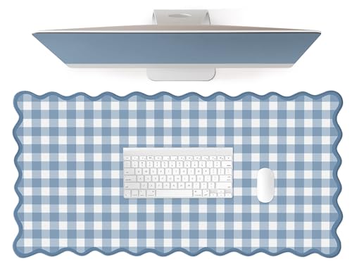 Scalloped‌ Blue Checkered Gingham Desk Mat Cute Pastel XXL Large Gaming Mouse Pad Kawaii Cottagecore ‌Vintage‌ Rustic Keyboard Computer Mat Aesthetic Desk Pad Accessories Office Decor - color: A6-light Blue