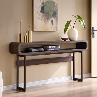 IFGET 63-Inch Long Console Table, 31.5" Tall Modern Entryway Table with Open Storage Shelf, Curved Profile Design, Narrow Wood Sofa Table Behind Couch Tables for Living Room, Hallway, Foyer, Brown - color: Brown