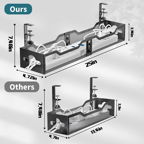 Under Desk Cable Management Tray Black, Litwaro Cable Management Under Desk No Drill, 25'' Cable Tray with Clamp for Wire Management, Cord Organizer for Office, Home - No Damage to Table - color: Black, size: 25"