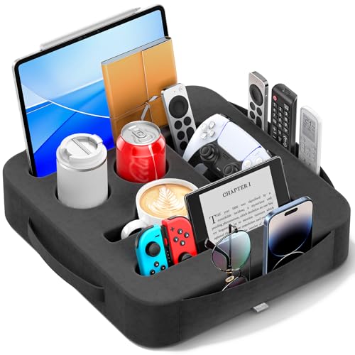 Couch Cup Holder Tray, Couch Caddy for Drink, Snack, Phone, Remote, Ipad, Game Controller, Large-size Sofa Cup Holder for Bed, Sofa, Car, Desk, Black - color: Black, size: L-14"×15"×3.2"
