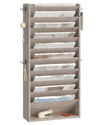 CHOEZON Wall File Organizer, 10-Tier Hanging Mail Organizer, Wall Mount File Holder with 4 Side Hooks, Industrial Mail and Storage Organizer, Wooden Vertical Hanging Holder for Office, Greige MWJ03FH - color: Greige, size: 10-Tier