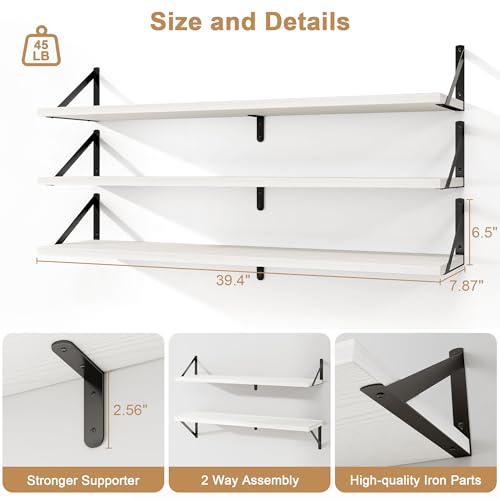 Fun Memories Long Wall Shelves for Bedroom, Set of 3 Large 40-Inch Floating Bookshelves, Rustic Wood Display Shelf for Home and Office (White) - color: White, size: 40"W x 8"D