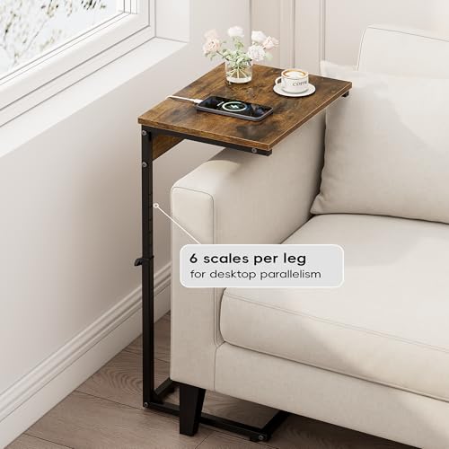 Vagusicc C Shaped End Table with Charging Station, Adjustable Height Side Table for Couch, Small Side Table, 33.2'' Tall Couch Tables that Slide Under, Tv Tray End Table for Living Room, Rustic Brown - color: Rustic Brown (1 Pack), style: With Plug