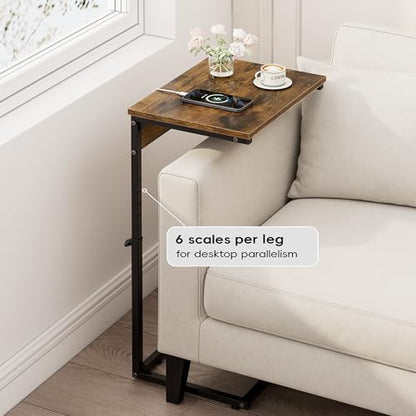Vagusicc C Shaped End Table with Charging Station, Adjustable Height Side Table for Couch, Small Side Table, 33.2'' Tall Couch Tables that Slide Under, Tv Tray End Table for Living Room, Rustic Brown - color: Rustic Brown (1 Pack), style: With Plug