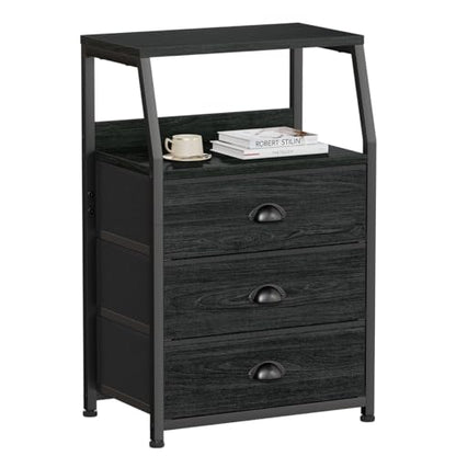 Furnulem Black Night Stand, Small Dresser for Bedroom, Nightstand with 3 Fabric Storage Drawers and 2-Tier Shelf, End Table Side Furniture for Closet, Hallway, Nursery, Sturdy Steel Frame, Wood Top - color: Black Oak, style: 3 Drawers