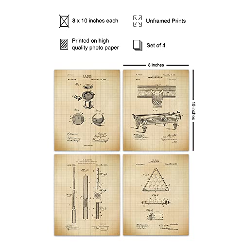 Billiards Patent Art Prints - Vintage Retro Wall Art Poster Set - Chic Modern Home Decor for Game Room, Man Cave, Bar, Den, Office - Great Gift for Men, Pool Players - Set of 4-8x10 Photo - Unframed