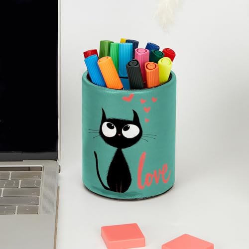 Cat and Love Pen Holder Pencil Organizer for Desk, 3.1” x 3.1” x 3.9” Pencil Cup Office Supplies, Large Capacity Cute Pen and Makeup Brush Holder for Home, School, Desktop - color: Cat and Love