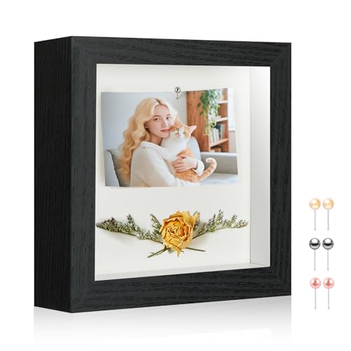 6x6 Shadow Box Picture Frame Display Case with Soft Linen Back-Real Glass,Small Mini Black Deep Shadow Box Frame 6x6 for Insect Medal Display Pet Photo Memorial Flower Craft - color: Black + Thickened Panel + Foam Packaging, size: 6x6
