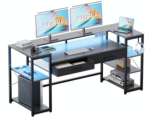 Pamray 58 Inch Computer Desk with Monitor Stand and Shelves Gaming Desk with LED Lights & Power Outlets PC Vanity Table with 2 Drawers for Home Office Grey - color: Grey