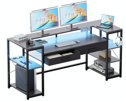 Pamray 58 Inch Computer Desk with Monitor Stand and Shelves Gaming Desk with LED Lights & Power Outlets PC Vanity Table with 2 Drawers for Home Office Grey - color: Grey