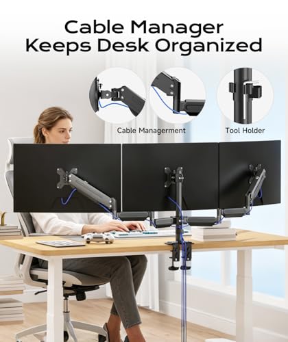 Pholiten Triple Monitor Mount for Desk, 2 Gas Spring Monitor Arms for 17-32 inches Screen, Fully Adjustable Heavy Duty Monitor Mount with Clamp & Grommet Mounting, Each Arm Holds 22 lbs - style: 3 monitor mount