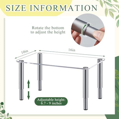 RattanView Height Adjustable 16in Extra Large Acrylic Display Risers 6mm Thick Clear Shelf Riser with 4 Metal Legs 6.7-9 in Adjustable Screwdriver, Stand for Plant Decor Collectibles Figures