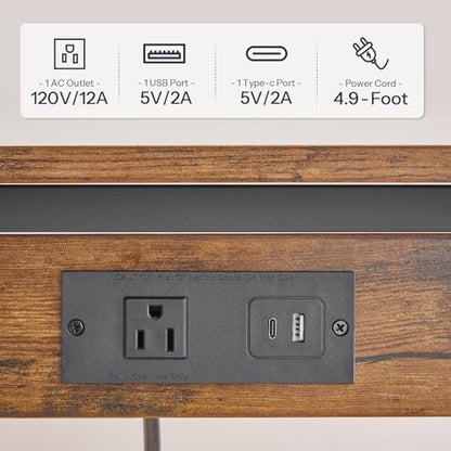 HOOBRO C-Shaped End Table with Charging Station, Adjustable Height Sofa Tray Side Table, Slide Under Couch Arm Table, Small C Side Table for Small Space in Living Room, Bedroom, Rustic Brown BF71USF01 - color: Rustic Brown + Black