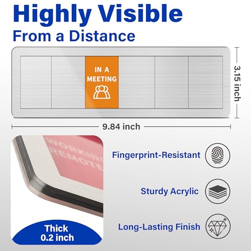 Office Door Signs with 6 Printed Status Options – Do Not Disturb, Out of Office, In a Meeting, Please Knock, Work from Home, Back Soon – Includes Custom Personalized Blank Sticker for Privacy Workspace or Studio Available and Away - style: Brushed Silver