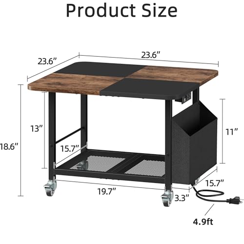 YAOHUOO 23.6"×23.6" Large Printer Stand with Power Outlet, Printer Table with Storage Side Pocket, Heavy Duty Rolling Cart for Home Office 3D Printer/Laser/Heat Press Table, Rustic Brown - color: Rustic Brown