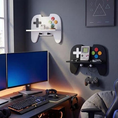 Gaming Room Decor Floating Shelves Set of 2, Controller Wall Shelf with Headphone Hooks, Gamer Wall Decor for Teen Boys Bedroom, Black & White