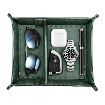 SITHON Valet Tray Desktop Storage Organizer, Removable 2 Compartments Catchall Tray Bedside Vanity Nightstand Caddy Holder Desk Storage Plate, Dark Green - color: Dark Green