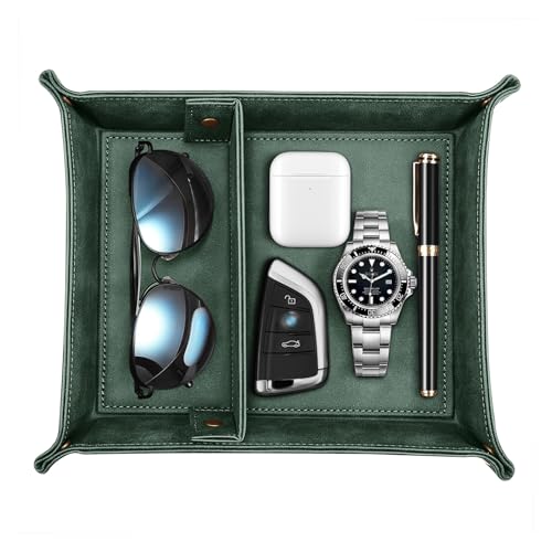 SITHON Valet Tray Desktop Storage Organizer, Removable 2 Compartments Catchall Tray Bedside Vanity Nightstand Caddy Holder Desk Storage Plate, Dark Green - color: Dark Green