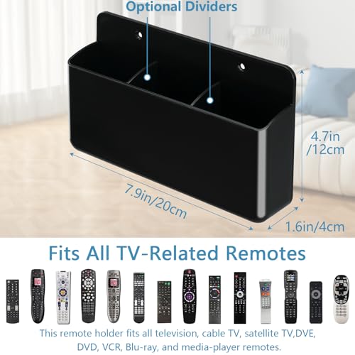 3 Slot Adjustable Remote Control Holder Wall Mount, TV Remote Box Hollow Bottom Slot Easy Phone Charging, Self Adhesive Remote Holder,Wall Pen Holder Storage Accessories for Home Office School (Black) - color: Black