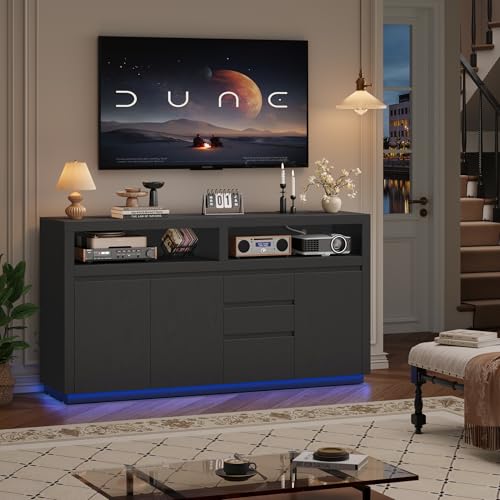 FACBOTALL 63" Modern TV Stand, Large Entertainment Center with Storage Cabinets & Drawers, Media Console Cabinet up to 70 Inch with LED Lights & Power Outlet, TV Consoles for Living Room, Black - color: Black